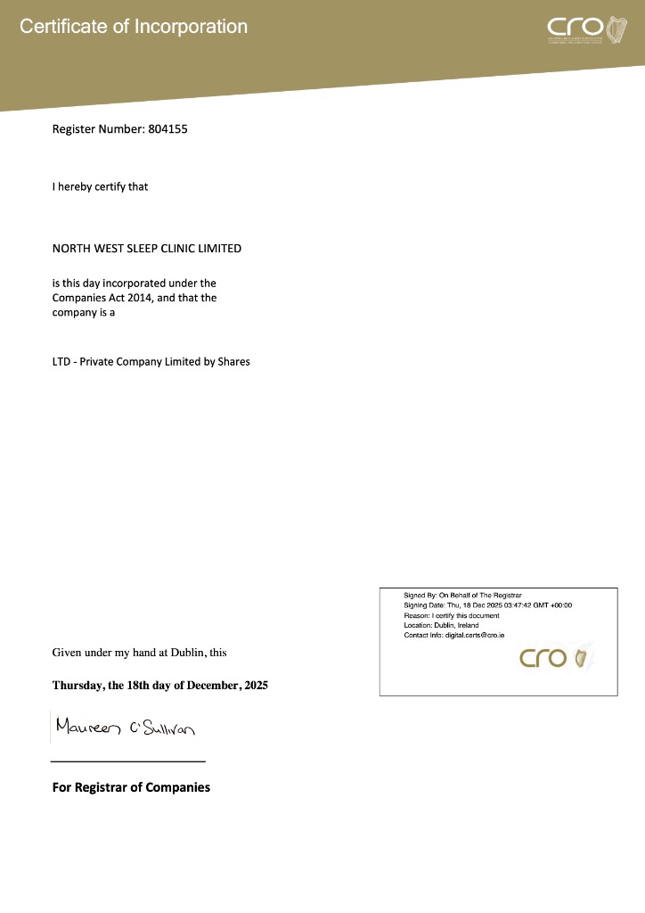 North West Sleep Clinic Company Certificate